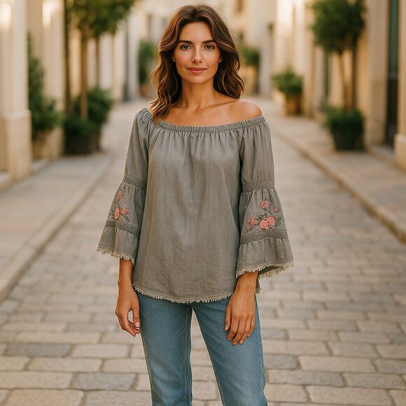 Standard Grace Off Shoulder Long Sleeve Embroidery Fray Edge Tunic Blouse Top XL - Picture 1 of 9